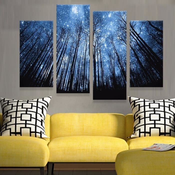 Nuit Bleu Ciel étoiles Arbres Toile Peinture Mur Moderne Art
