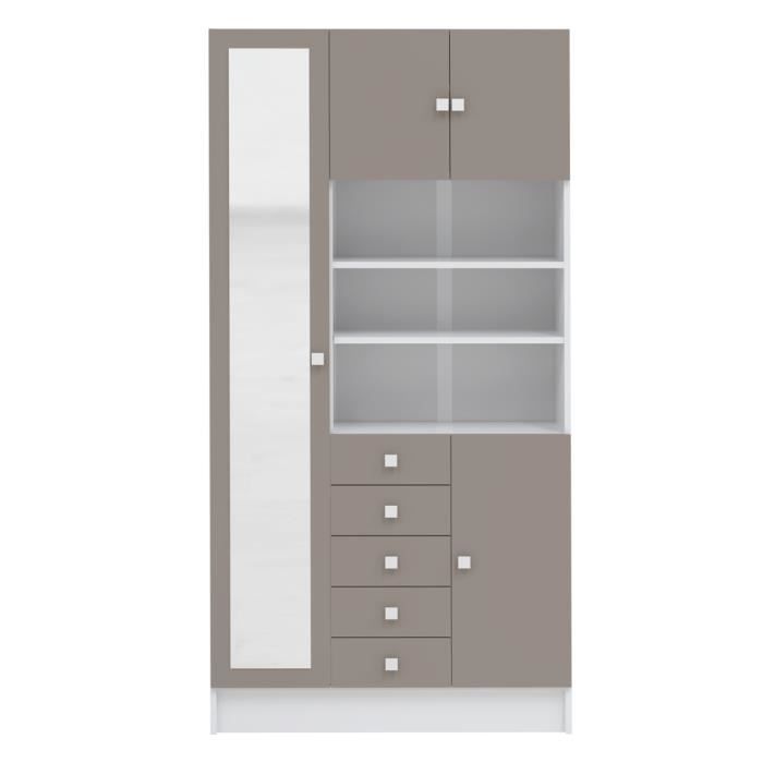 armoire combi - blanc et taupe - 4 portes et 5 tiroirs - miroir - l 90 x p 29,6 x h 181,6 cm - symbiosis