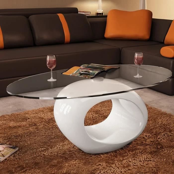 Home Market-6379 Table Café Table basse - Bout de canapé- avec en verre ovale - Blanc brillant