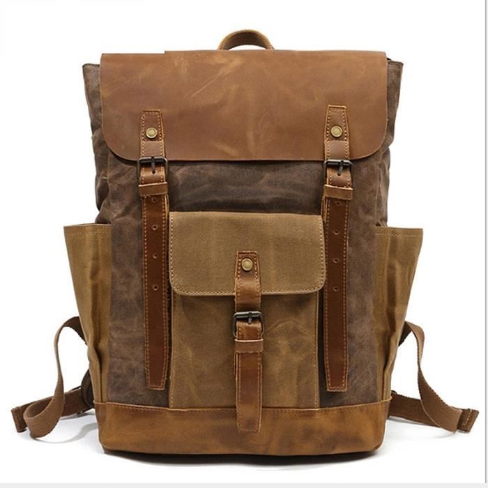 sac à dos en toile de cire marron-huile sac d'alpinisme de sports de plein air pour hommes sac à dos de voyage