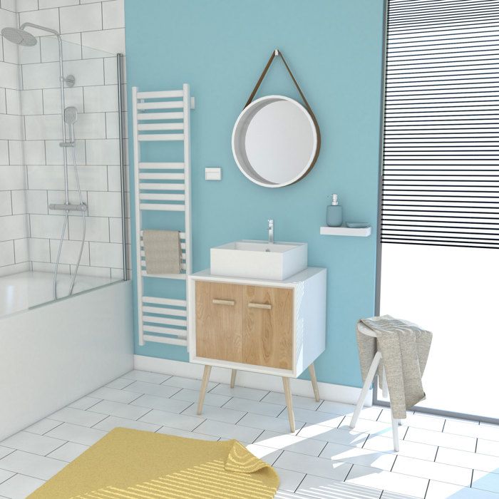 Meuble Salle De Bain Scandinave Blanc Et Bois 60 Cm Sur Pieds Avec