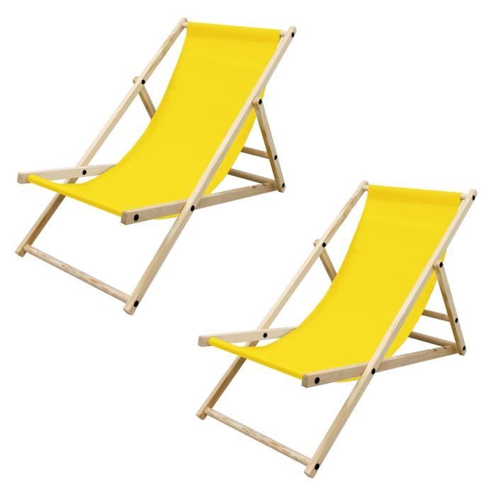 2x chaise longue jardin pliante bois bain de soleil plage chilienne jaune 120 kg