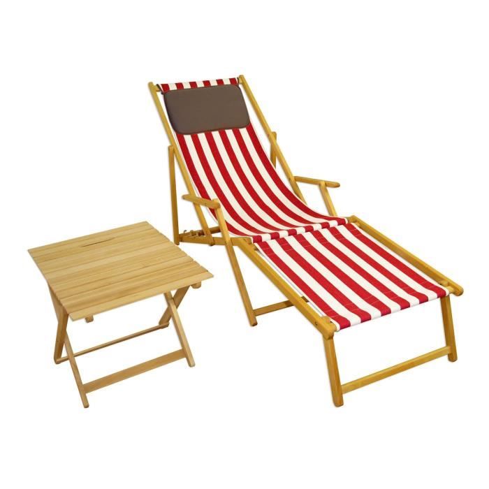 chaise longue pliante, rayé rouge et blanc, bois naturel, repose-pieds, table, oreiller 10-314nftkd