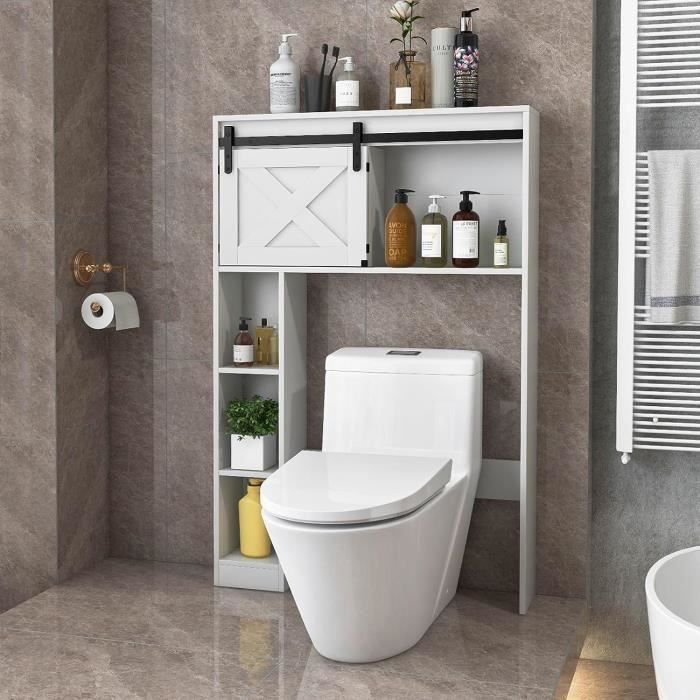 giantex meuble dessus toilettes wc avec porte coulissante+4 étagères, meuble/colonne salle de bain scandinave,84x17x128 cm,blanc