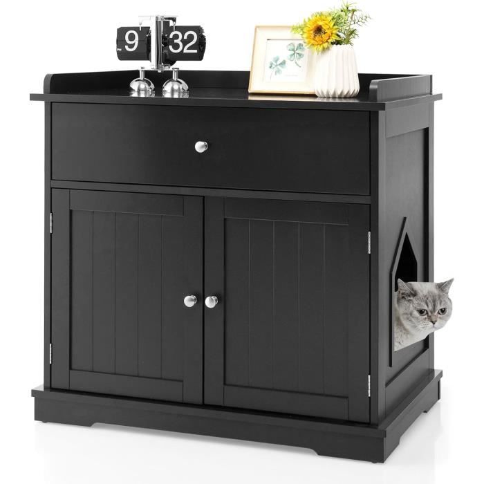 Comparer les prix de GOPLUS Maison de Toilette pour Chat 76 x 53 x 74 CM, Meuble Litière pour Chat avec 2 Portes, Tiroir, Trous d’Aération, Marron