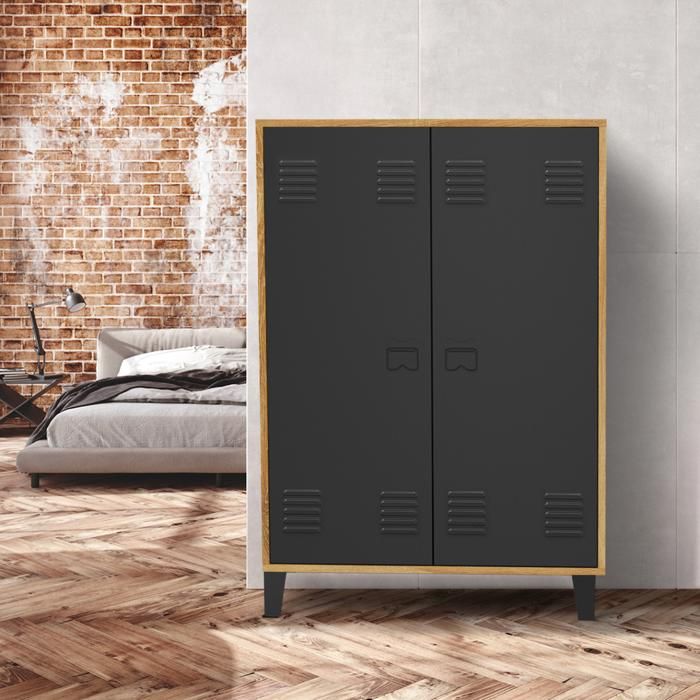 IDMARKET Armoire basse ESTER 2 portes métal noir et contour bois design industriel IDMARKET Armoire basse ESTER 2 portes métal noir et contour bois design industriel