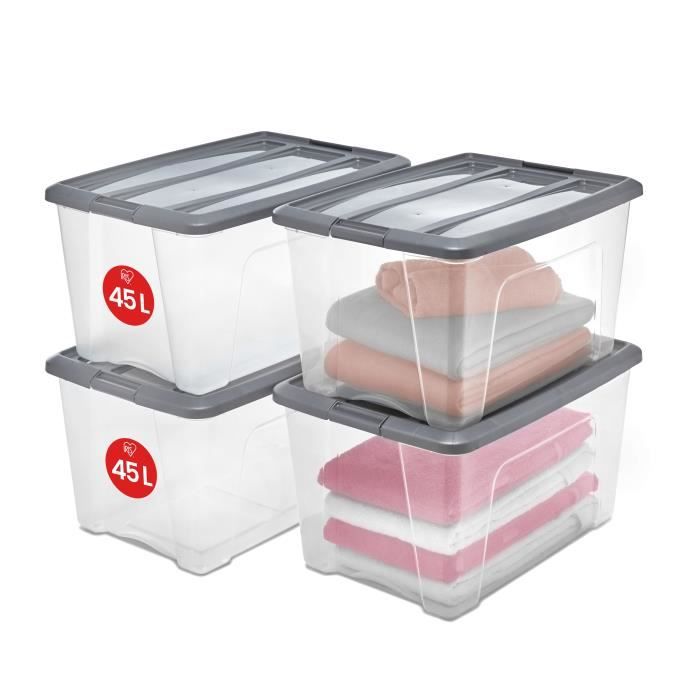 Iris Ohyama, set - 4 boîtes de rangement empilables - New Top Box - NTB-45,  transparent/gris, 45 L, 58 x 39,5 x 30,5 cm - Cdiscount Maison
