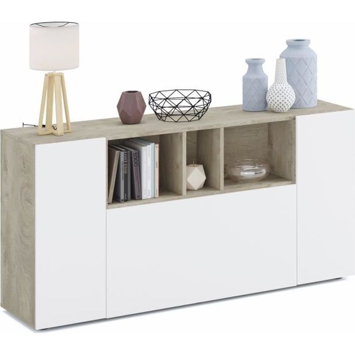 Laska - Buffet/Commode 3 Portes Couleur chêne Alaska Gris et Blanc Moderne et Design. 150 cm