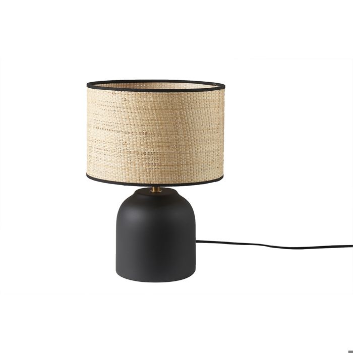 Miliboo - Lampe à poser noire en céramique mate et abat-jour en raphia H35 cm ROCHA