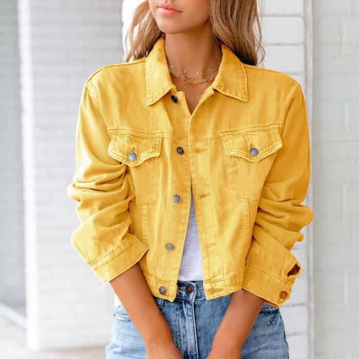Veste pour femmes - Printemps et automne Veste en jean Veste à manches  longues Top - Jaune Jaune - Cdiscount Prêt-à-Porter