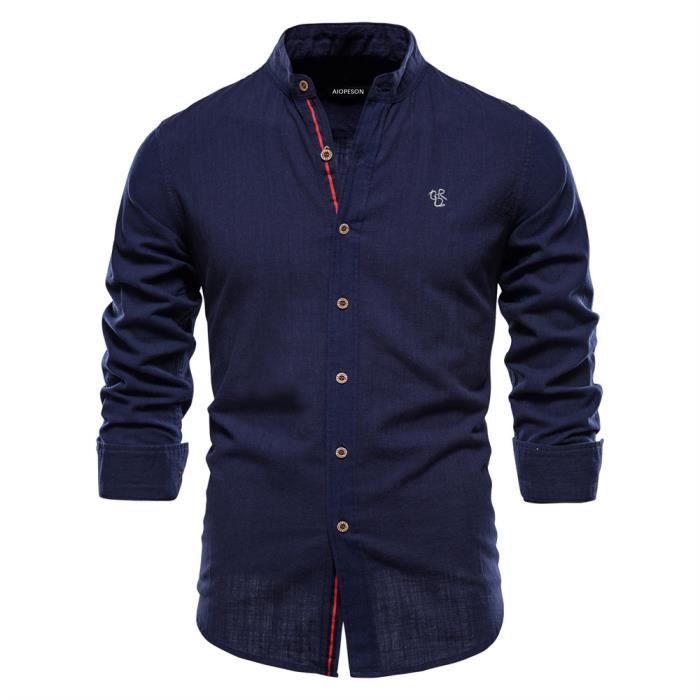 Chemise en Coton Lin Homme Couleur Unie Business Slim Bleu fonce