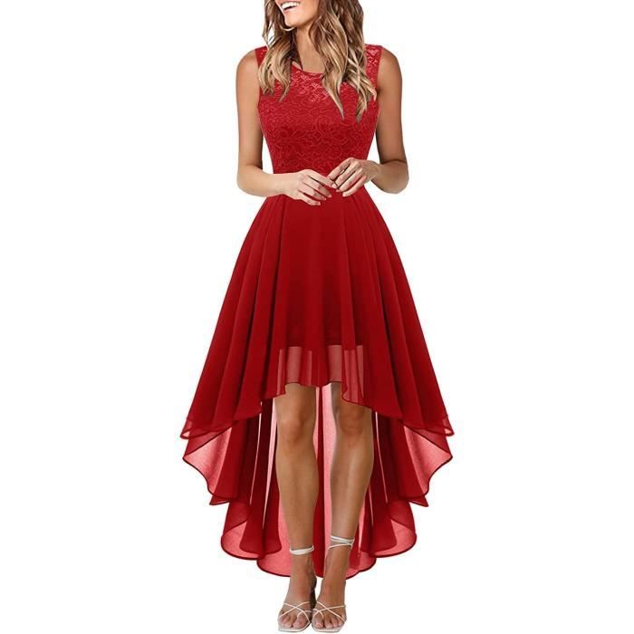 Robe en Dentelle pour Femme Soiree Cocktail Bal High Low Jupe Asymetrique en de sans Manche pour Mariage avec Ceinture Ocre rouge Ocre rouge Cdiscount Pret a Porter