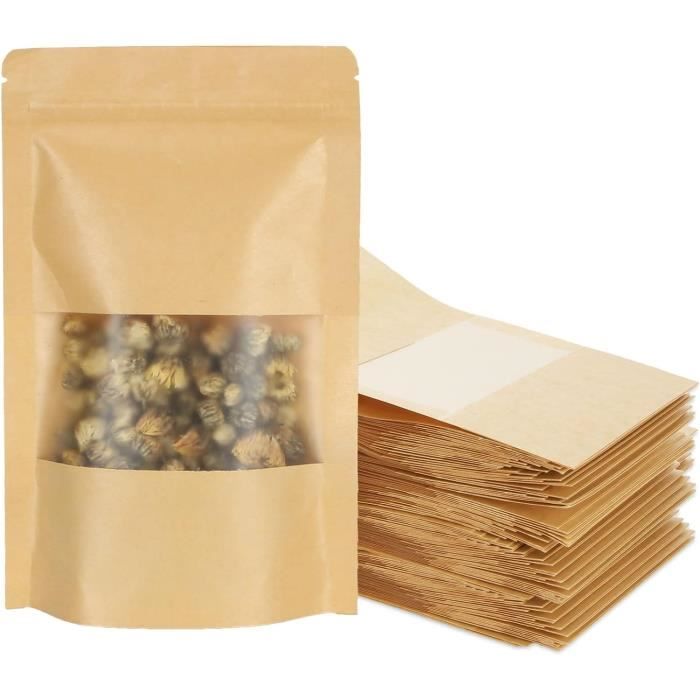 Lot de 100 Sachet Kraft Alimentaire, Sachet Craft, Sachet Kraft Zip