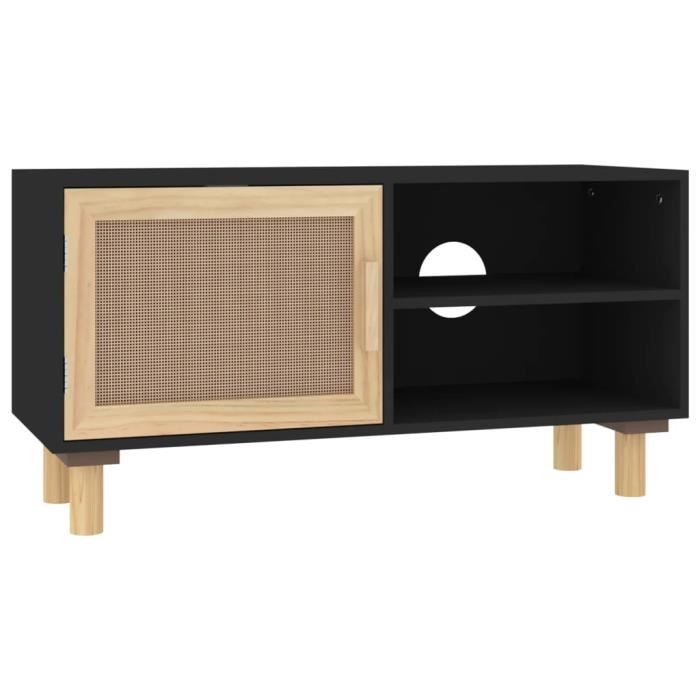 yosoo meuble tv noir 80x30x40 cm bois de pin massif et rotin naturel 92431