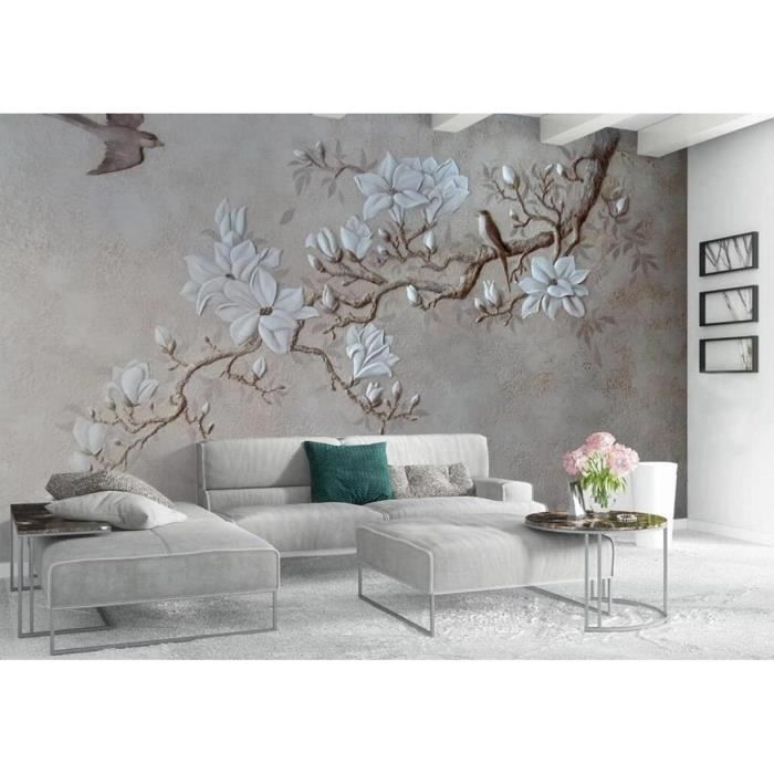 Papier Peint Panoramique Branche En Relief Fleurs Et Oiseaux Papier ...