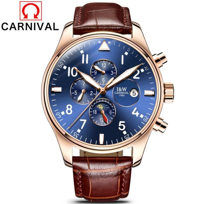 CARNIVAL® Montre bracelet Homme Cuir Marron Bleu Cdiscount