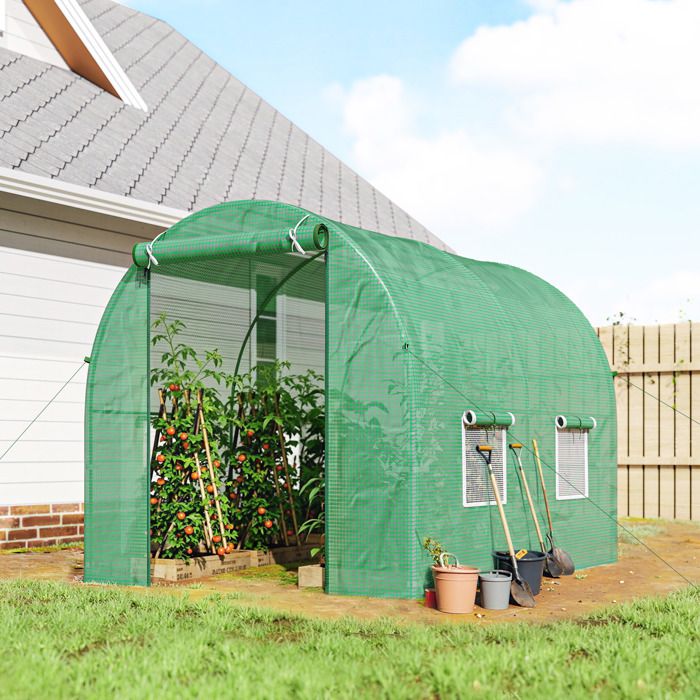 Outsunny Serre Tunnel 500 X 200 X 205 Cm - 10m² Avec Porte Et 8 Fenêtres, Couverture PE 140g/m² Pour Plantes Et Légumes