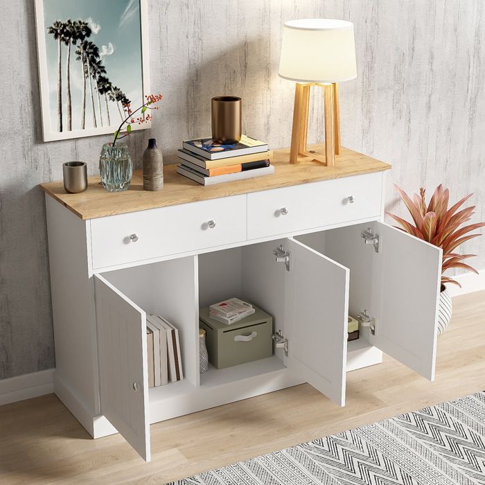 Buffet Cuisine/salon 140x40x60 Cm - Blanc Brillant, 3 Portes, 1 Tiroir, éclairage LED Réglable Par App - Meuble Rangement Moderne