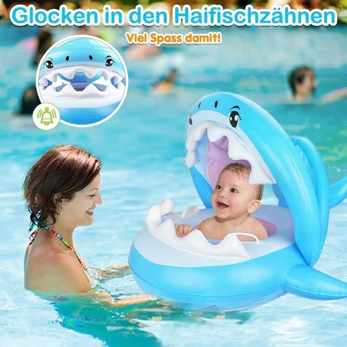COSORO Requin Bleu Bouee Bebe Avec Pare Soleil Et Siège De Sécurité 2 à 4 Ans,Bouée Gonflable Flotteur De Piscine pour Bébé,Bouée Bébé Piscine, Anneau Flotteur Piscine, Accessoires Piscine pour Enfant