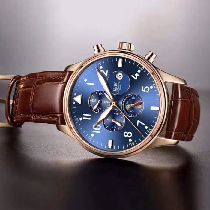 CARNIVAL® Montre bracelet Homme Cuir Marron Bleu Cdiscount