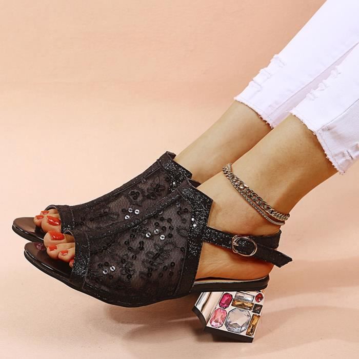 Sandale Femmes Talon Haut Peep Toe Couleur Cristal Casual Style Boheme Chaussures Noir Cdiscount Chaussures