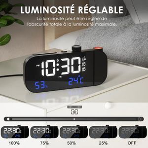Réveil Projecteur LED - Horloge Météo Plafond, Température, Humidité, Alarme, USB