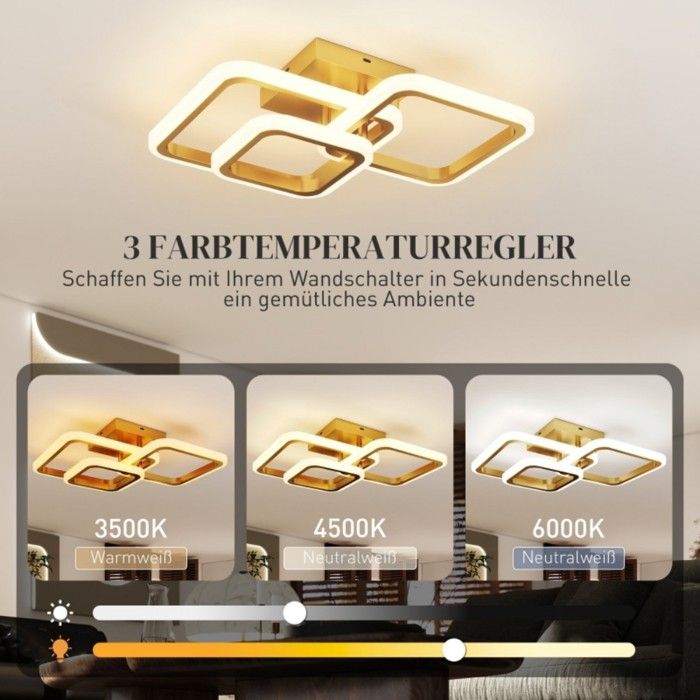 HOMCOM LED Deckenleuchte 40W 4300LM – 3 Farbtemperaturen Per Wandschalter, 3-eckig, Gold, 48x46x13cm
