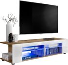 IAMS CHIEN Meuble TV T37 Extreme Furniture - Blanc Brillant & Bois naturel - Façades en Brillant - L134cmxH32cmxP39cm