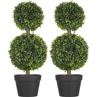 Lot de 2 arbres buis artificiel double boules avec tronc et pot inclus - H.60 cm PE vert 23x23x60cm Vert