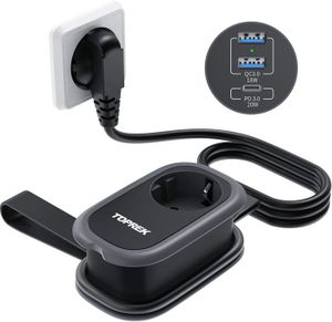 MULTIPRISE Noir USB Multiprise, Chargeur de Voyage avec Charge Rapide USB-C(20W PD3.0) et 2 USB-A(18W QC3.0) et 1 Schuko, 4000W/16A, 1.13M