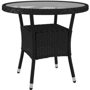 TABLE DE JARDIN  Table ronde de jardin résine tressée plateau verre trempé avec étagère noir