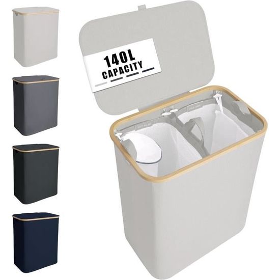 Panier à Linge Poignée Bambou 110L - Corbeille 2 Compartiments Avec Couvercle - Blanc Pour Salle De Bain Et Buanderie