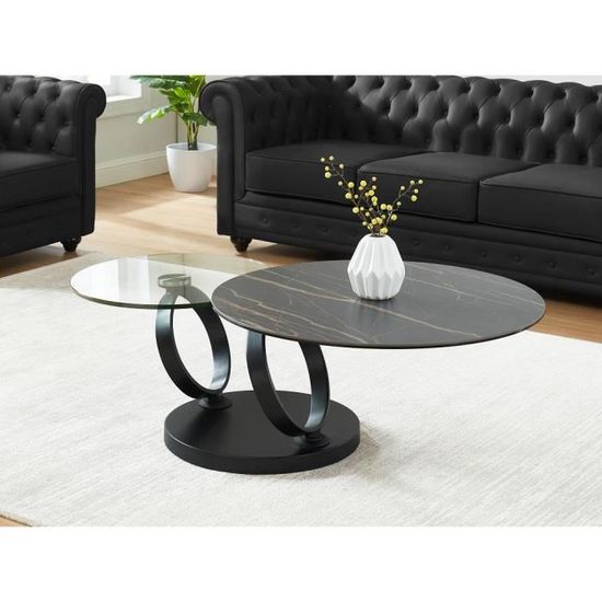 Table basse avec plateaux pivotants JOLINE - Céramique effet marbre & verre trempé - Noir