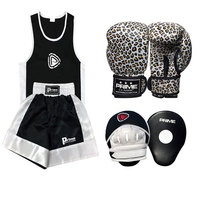 UNIFORME DE BOXE POUR ENFANTS AVEC LA TENUE (HAUT + SHORT) 7-8 ANS, LA PAIRE DE GANT TAILLE :4oz ET 2 PATTES D’OURS –LEOPARD BLANC
