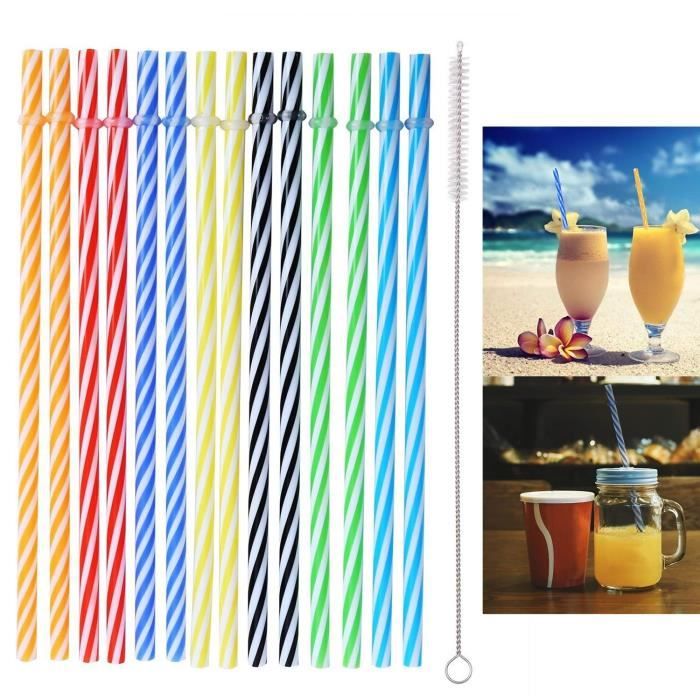 Mode verte 10Pcs Pailles en plastique réutilisables multicolores avec 1 kit de brosse plus propre pour la fête ou Fam Green