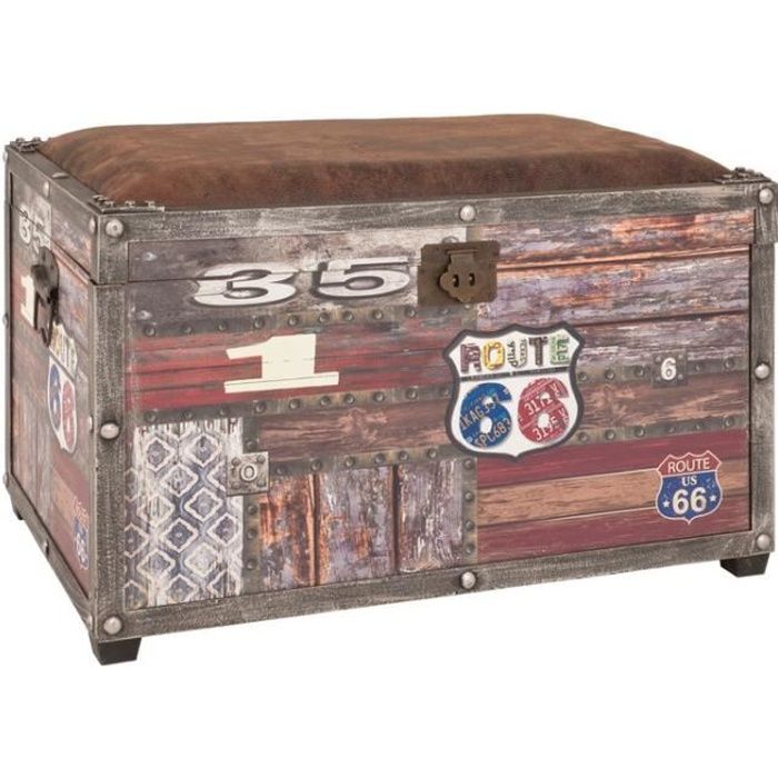 Coffre de rangement bois + assise rembourrée tissu aspect cuir WHITSTABLE - Route 66