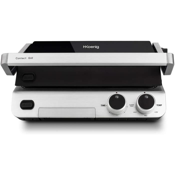 H.Koenig Contact Grill Plancha Electrique de table GR70 Inox 2000W Ouverture 180° Professionnel, Plaques amovibles compatibles lave