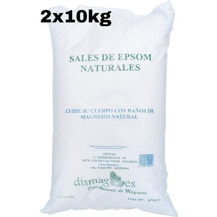 Sac 2 x Sel d’Epsom 10 Kg, Source concentrée de Magnésium, Sel 100% Naturel. Bain et Soins Personnels.Promotion, Livraison 24h