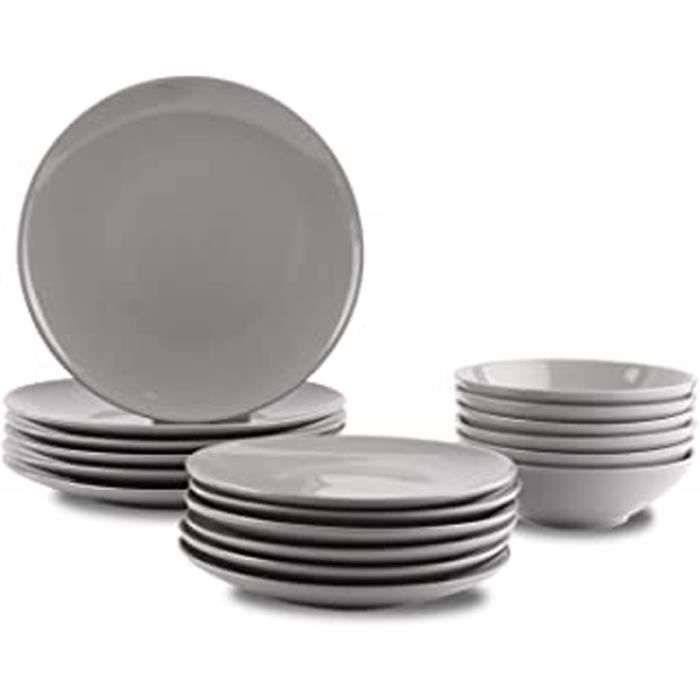 Amazonbasics Service De Table 18 Pièces En Grès, Pour 6 Personnes, Gris Fumé