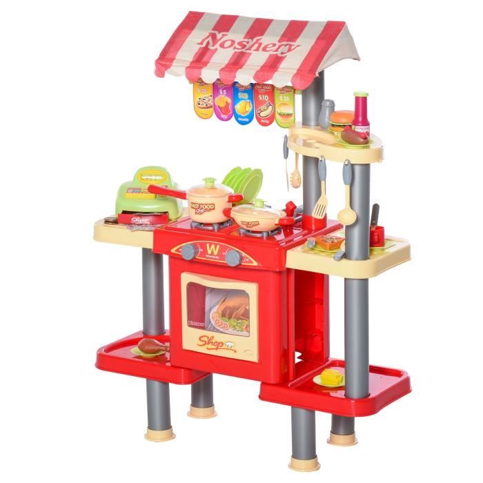 Cuisine pour enfant jeu d'imitation de la marchande 2 en 1 - 50 accessoires inclus effets sonores rouge