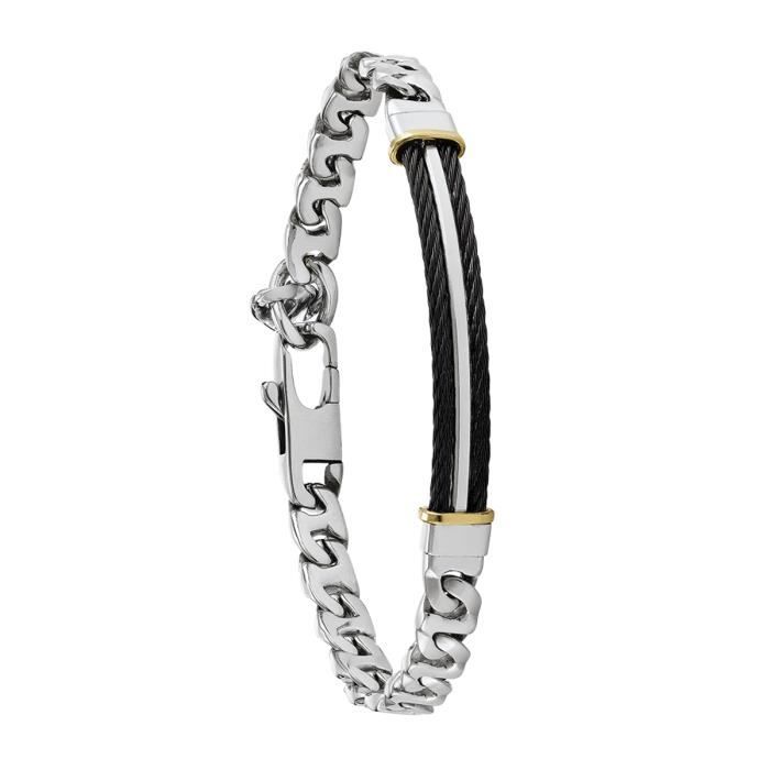 Jourdan Bijoux - Bracelet homme - MG011H - Acier - Câble noir - Décor Or