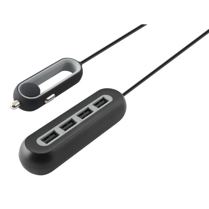 KSIX Chargeur Allume-cigare avec 4 Ports USB 9,6 A 1,5 m Noir