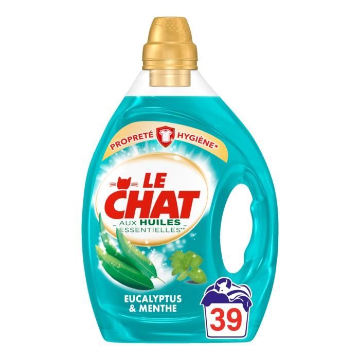 Le Chat Liquide aux huiles essentielles Lessive Propreté et Hygiène Eucalyptus & Menthe - 1,95 L - 39 lavages