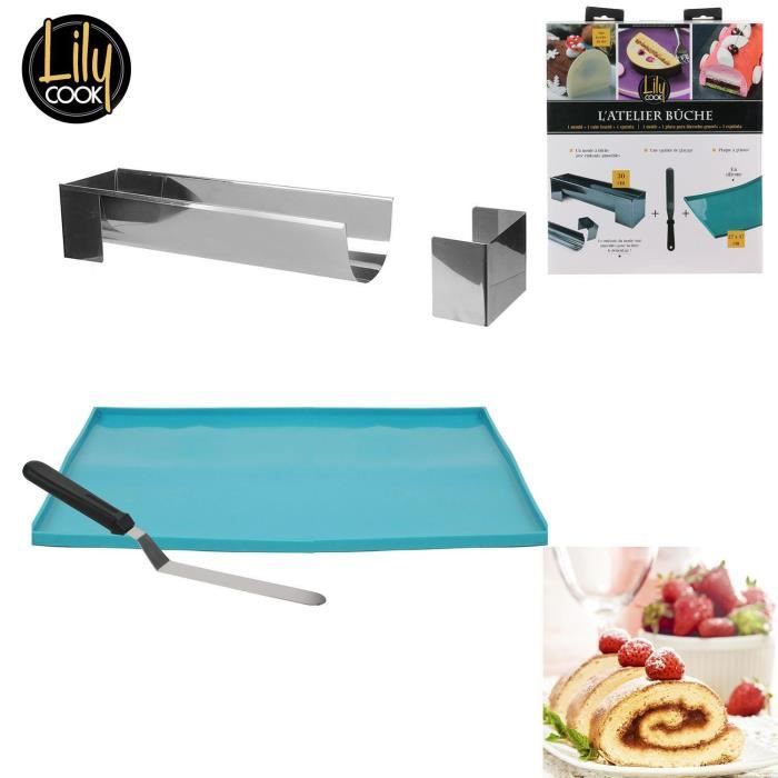 Coffret L'Atelier Buche 1 moule à bûche 30 cm + 1 spatule de glacage + 1 plaque génoise en silicone 27x37cm + Recette Lily Cook Noel