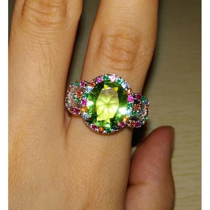 Mode Magnifique Pierres Précieuses Topaze Verte Saphir Diamant Anneau 925 Bague En Argent