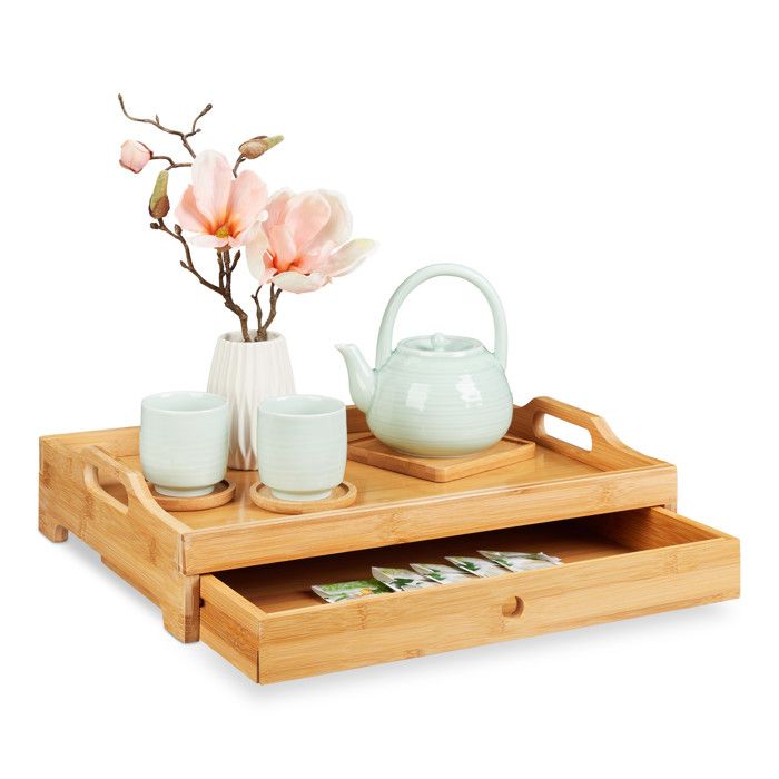 Relaxdays Plateau de service en bambou, petit déjeuner, en bois, tiroir amovible, poignées, HLP 10 x 43 x 31 cm, nature