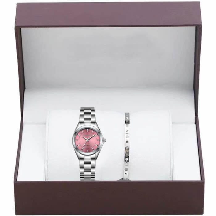Coffret cadeau montre femme , montre à quartz élégante + bracelet de luxe - bracelet en acier inoxydable - cadran rose