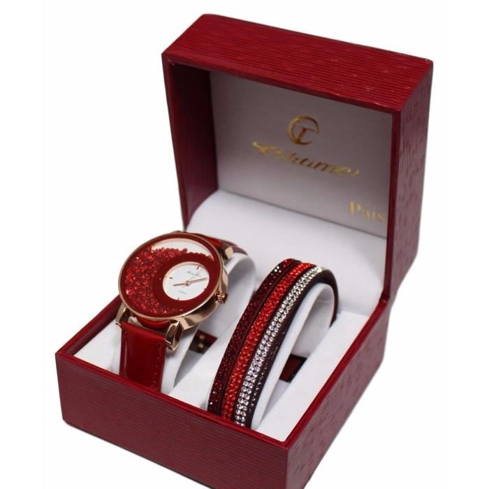 coffret montre femme cuir rouge strass cristal + bracelet double tour stardust dolce vita