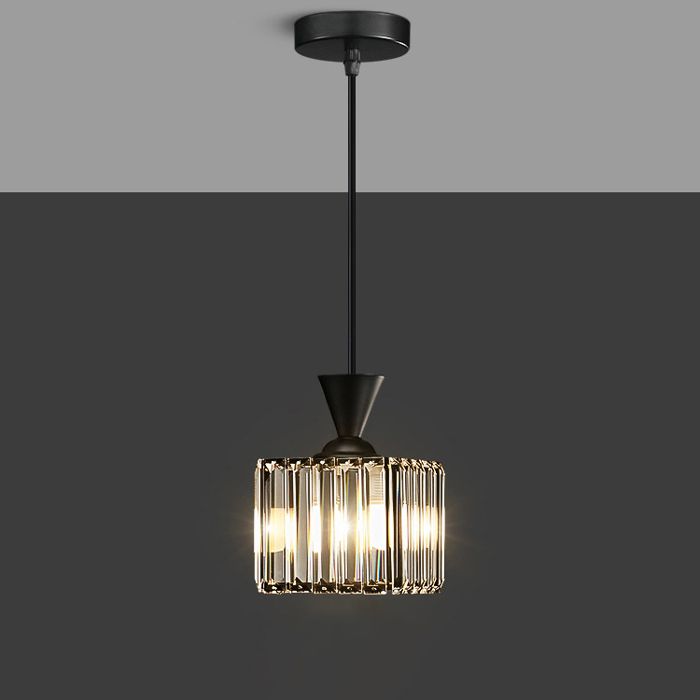 Suspension E27 Luminaire en Cristal Métal Abat-jour Carré Ø15CM Noir Lustre Réglable pour Salle à Manger Salon Chambre