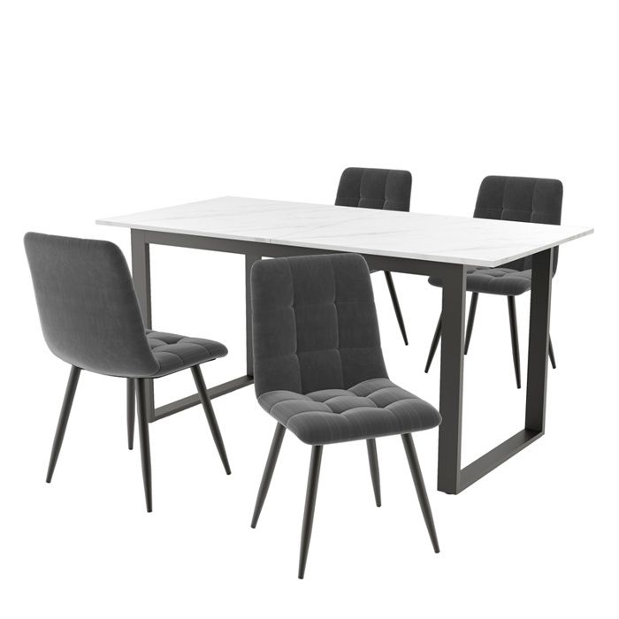 Set Table Salle À Manger(5pcs) 140-180x80x75cm 4 Chaises Velours Gris Table MDF Blanche Pieds Noirs Design Moderne Set Table Salle À Manger(5pcs) 140-180x80x75cm 4 Chaises Velours Gris Table MDF Blanche Pieds Noirs Design Moderne